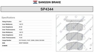 Колодки тормозные передние Sangsin SP4344